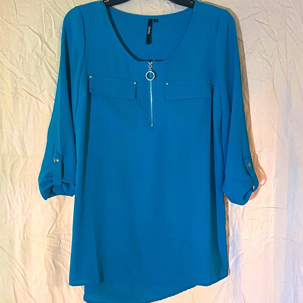 Teal Flowy Tunic Shirt Blouse with Silver Details